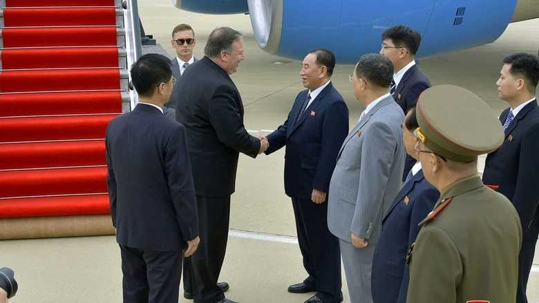 ポンぺオ国務長官(左)金英哲統一戦線部長(右)