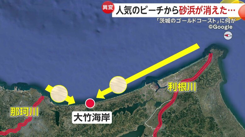 大竹海岸の砂は二つの川から流入する土砂が波に乗って、運ばれることで、砂浜が保たれてきた