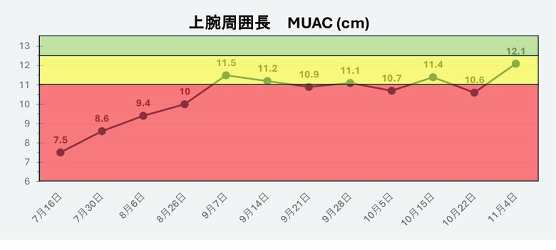 シラちゃんの上腕周囲の推移。11月になっても12.1センチで、グラフをみても中程度の栄養失調を示す黄色いラインの中にとどまっている。