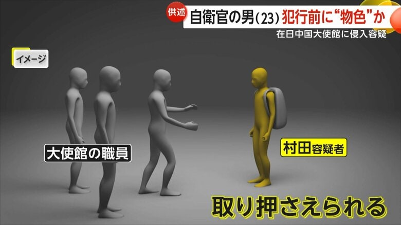 「大使と会いたい」と迫るが、その場で取り押さえられたというイメージ