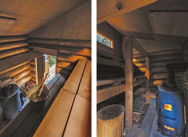 入り口から左手に向かって、屋根勾配に沿って天井がせり上がる。ベンチを2段にすることで、上部に溜まる熱や蒸気を効率的に浴びられるようになっている（『小屋を建てる』より）