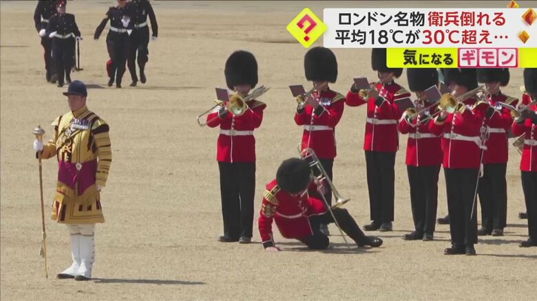 パレードの練習中に、暑さで倒れる衛兵