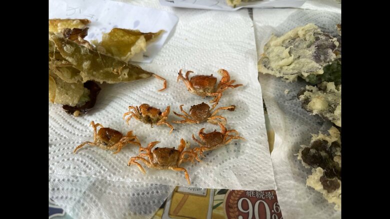 自分たちでとってきたサワガニを天ぷらに（提供：一般社団法人 里山こらぼ）