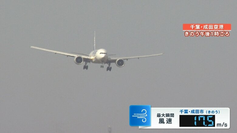 風にあおられる飛行機