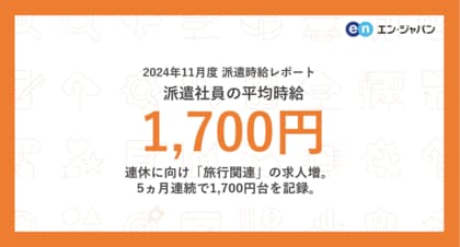 2024年11月度 派遣社員の平均時給は1,700円連休に向け「旅行関連」の求人増。5ヵ月連続で1,700円台を記録。