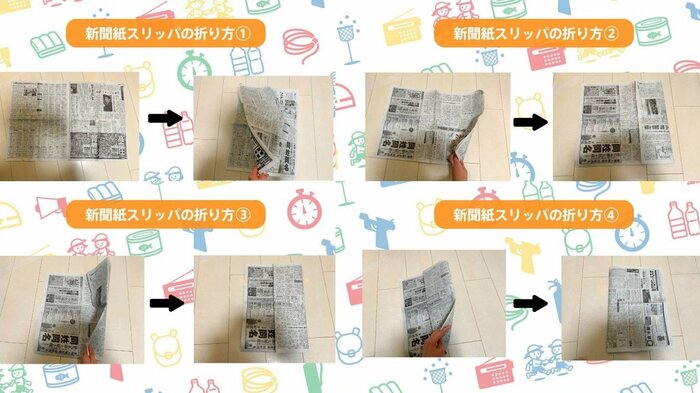 新聞紙スリッパの作り方(1~4)