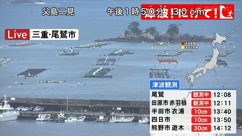 【津波警報】三重・尾鷲市で20cmの津波を観測 他にも熊野市で30cmなど 愛知県外海・三重県南部に津波警報｜FNNプライムオンライン