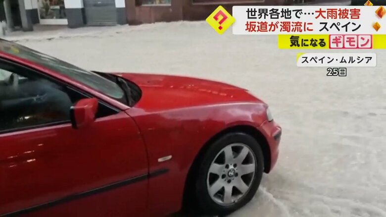 赤い車が道を横切ろうとしている(Jose Martinez)