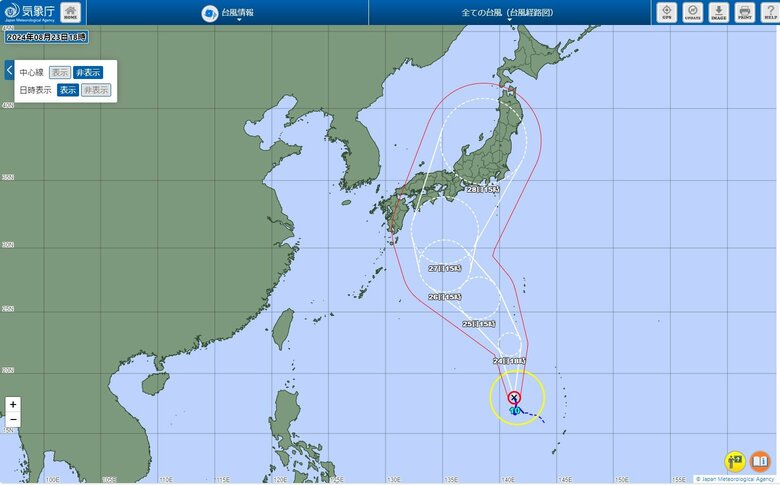 気象庁HPより　2024年08月23日18時発表の台風10号進路図