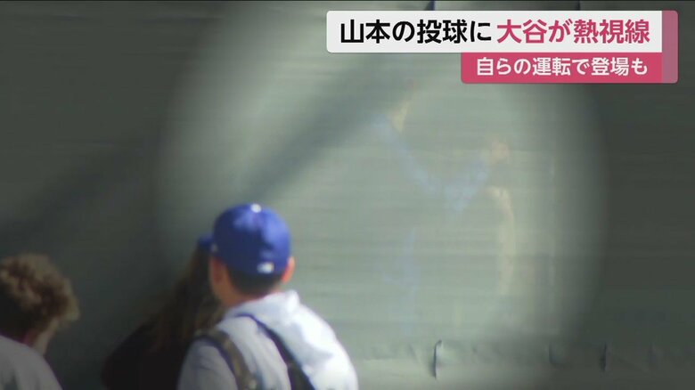 幕の向こう側でシャドーピッチングをする大谷選手