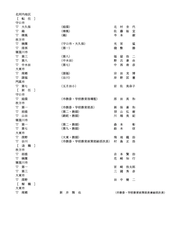 中学校の校長・転任・新任・退職・解職