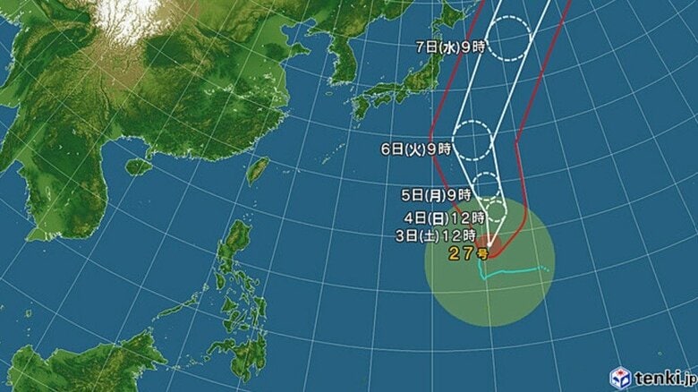 【台風情報】大型で強い台風27号の進路予想　「非常に強い勢力」で小笠原近海へ　5日には中心気圧の予想　関東の沿岸部では風が強まる可能性｜FNNプライムオンライン