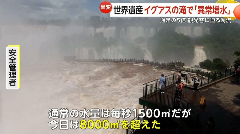 【異常増水】世界遺産“イグアスの滝”水量が通常の5倍に　観光客に濁流迫り「悪魔の喉笛」周辺の遊歩道が一時立ち入り禁止に　南米｜FNNプライムオンライン