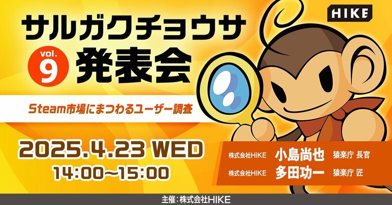 レビューやウィッシュリスト利用状況などSteam市場にまつわるユーザー調査の結果を解説!無料オンラインセミナー「サルガクチョウサ発表会」を2025年4月23日(水)開催