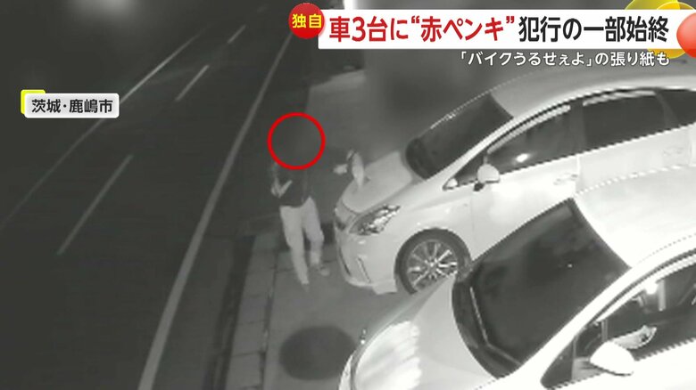 長い棒のようなものを持ち、手を上に伸ばす犯人