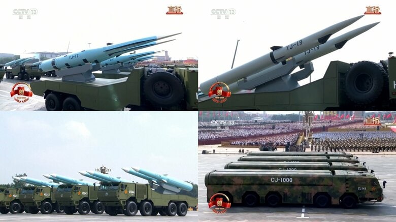 今回のパレードで披露された極超音速ミサイル。YJ-19とCJ-1000は極超音速巡航ミサイル