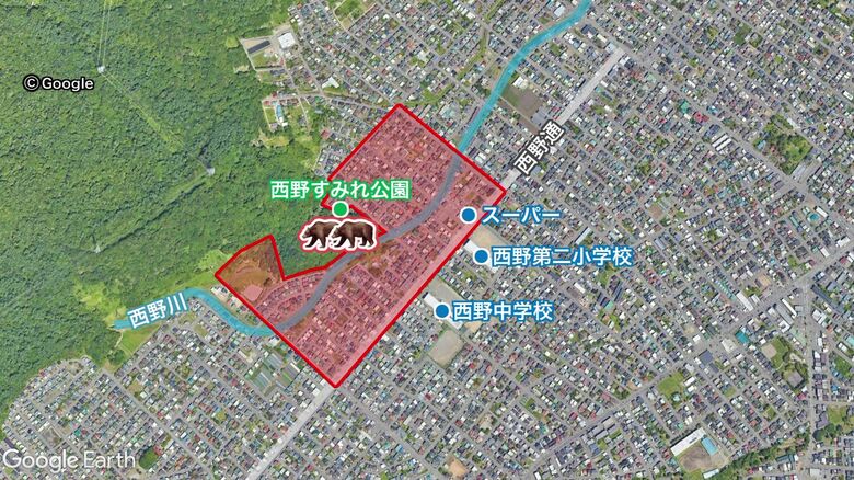 クマ目撃場所と周囲の建物