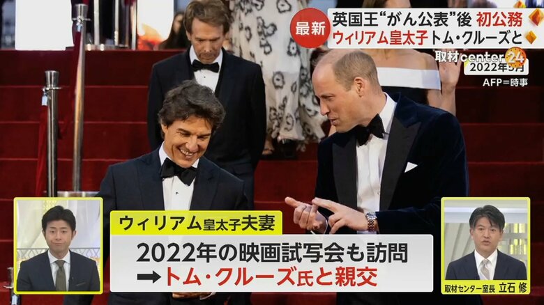 俳優トム・クルーズさんと談笑するウィリアム皇太子