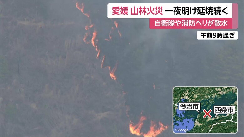 24日午前9時過ぎの、山火事の様子。発生から一夜明けても、赤い炎が見える（愛媛・今治市）
