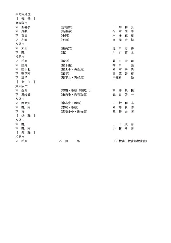 中学校の校長・転任・新任・退職・解職