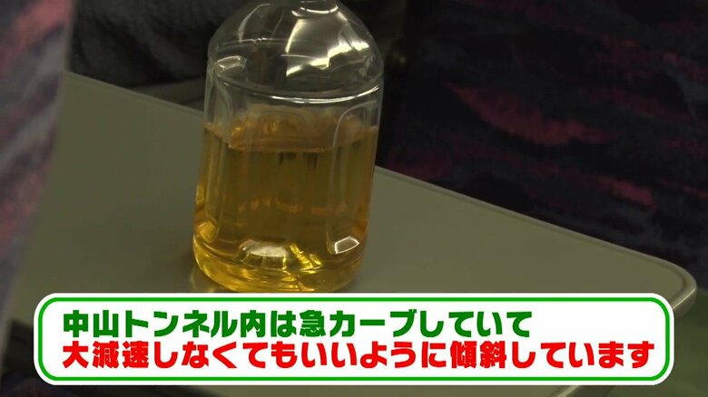 車体が傾くことで、ペットボトルの飲み物も水面が斜めに・・・