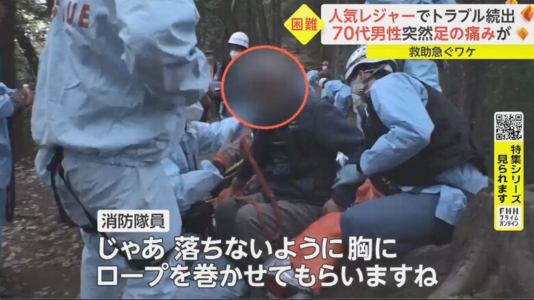 現場は麓から約1km 自力での下山は難しく、隊員が担いで下山することに