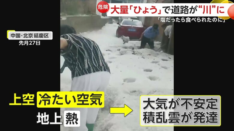 大気が不安定となり、大量のひょうが降ったとみられる北京の様子