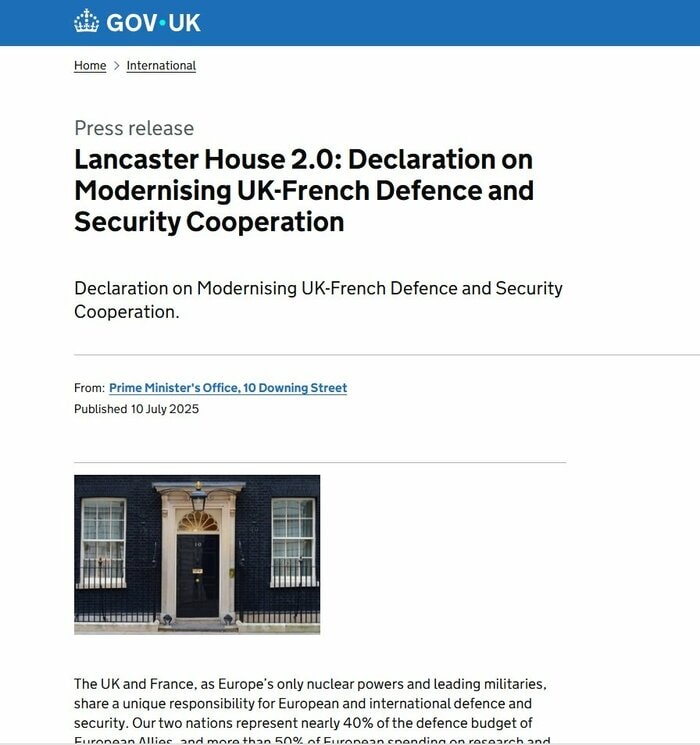 「英国とフランスの防衛および安全保障協力の近代化に関する宣言」(英首相府発表=7月10日)