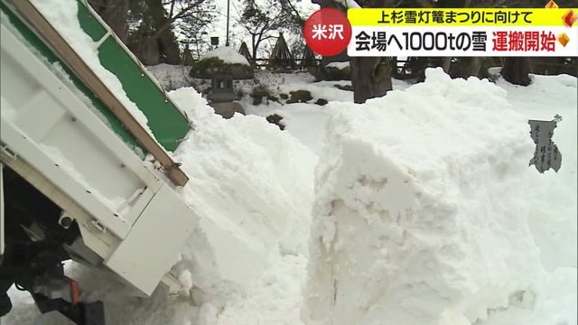 「上杉雪灯篭まつり」会場に雪を運搬している様子