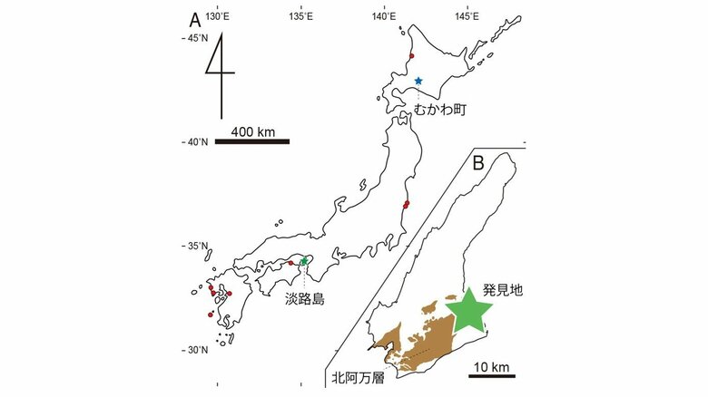 緑の星マークが化石の発見地点。赤丸は白亜紀後期のハドロサウルス類の化石が見つかった地点