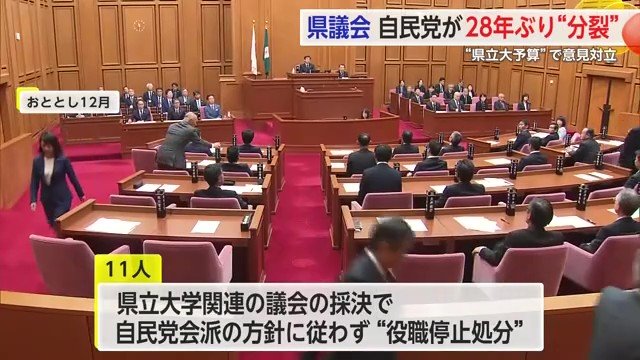 県立大学の予算関連の県議会の採決に従わなかった議員に役職停止処分