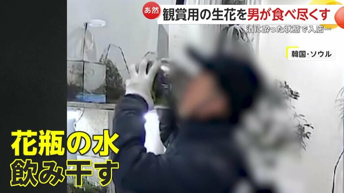 草花が入った花瓶の水を飲む男（Instagram @lily_valley_studioより）