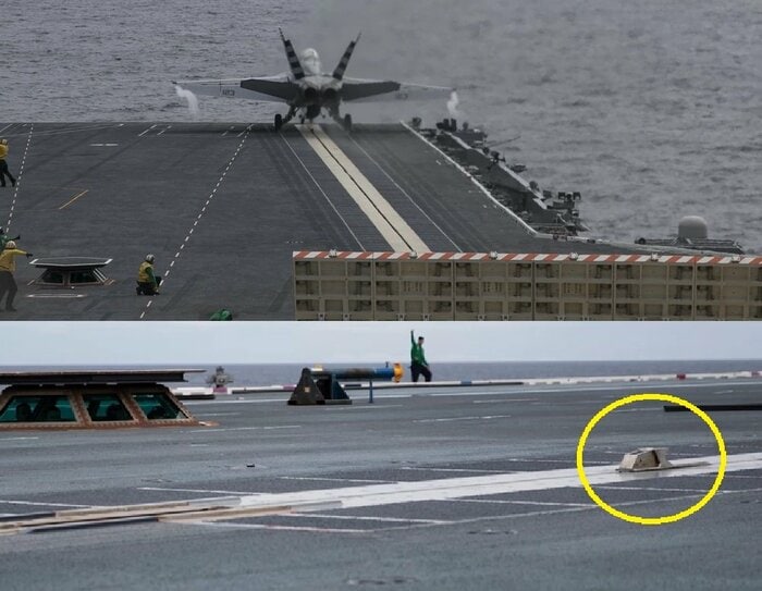 電磁カタパルトのシャトル(黄色丸)に艦載機の前脚を引っかけて射出(米空母「ジェラルド・R・フォード」)(米国防総省公式画像)