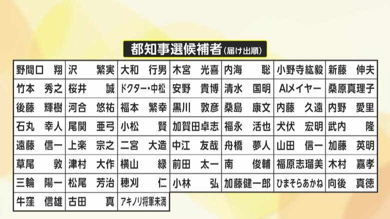 現職の小池百合子氏、前参院議員の蓮舫氏、前広島県安芸高田市長の石丸伸二氏、元航空幕僚長の田母神俊雄氏以外の候補者