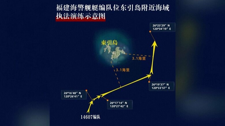 中国・海警局の法執行訓練における航路図。
