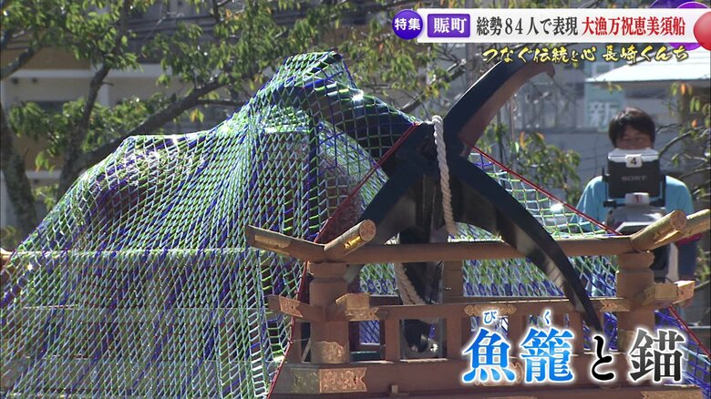 船の屋根には「魚籠（びく）、錨（いかり）、漁網」