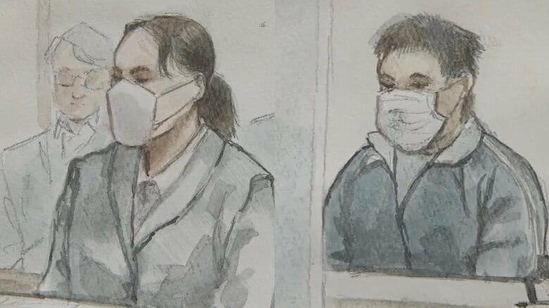 法廷の敦子被告（左）と直哉被告（右）　スケッチ：酒巻 空
