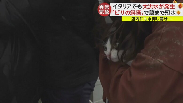 洪水はイタリア・トスカーナ州でも。女性に抱かれる猫