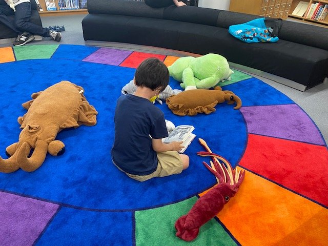 色鮮やかなカーペットの上に先カンブリア紀の生物のぬいぐるみが