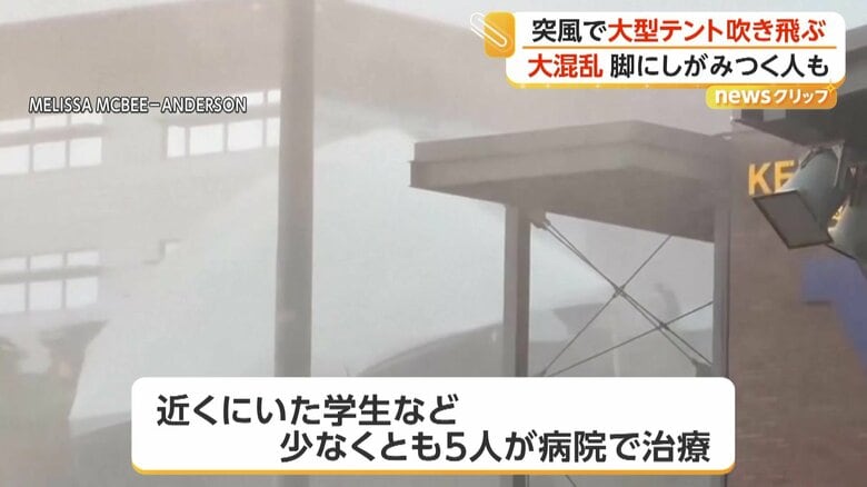 斜めに倒れたまま風に吹かれるテント
