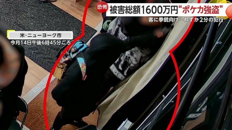 ハンマーでショーケースを破壊する黒ずくめの人物ら（14日午後6時45分頃、アメリカ・ニューヨーク市）