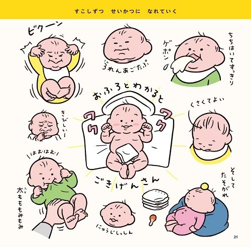 自分が動いたのに自分でビックリの「ビクーン」も推しイラストの一つ(『じんせいさいしょの』より)