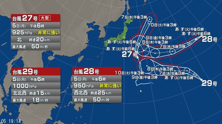 【台風情報】トリプル台風が発生中　台風27号・台風28号・台風29号の今後の進路予想｜FNNプライムオンライン