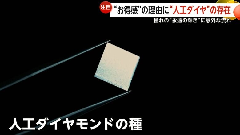 人工ダイヤモンドの“種”となる0.2mmほどの四角い平坦な板