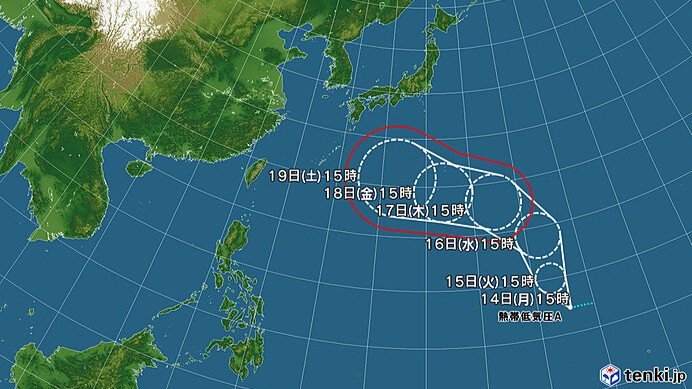 熱帯低気圧の進路予想図（日本気象協会tenki.jpより）