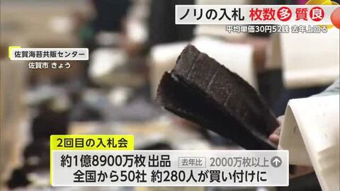 「秋芽網ノリ 2回目の入札会」 去年よりも多く約1億8900万枚が出品【佐賀県】