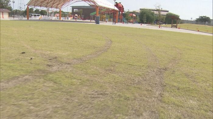 芝生には車が走った跡が10カ所近く残されていた