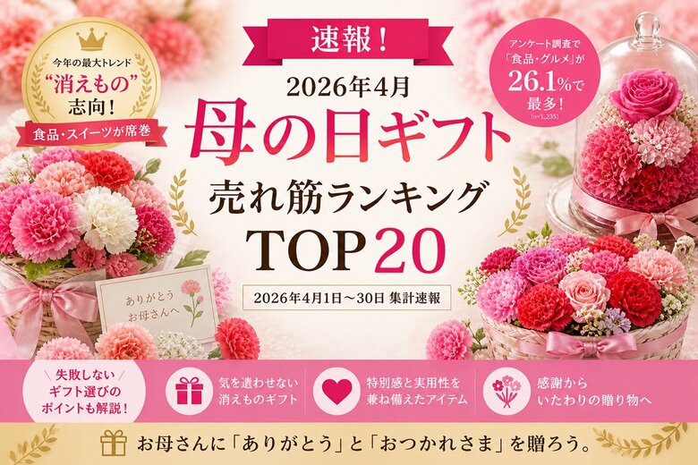【速報！母の日売れ筋ランキング】2026年4月・母の日ギフト売れ筋ランキングTOP20を発表！消えもの志向・食品・スイーツが席巻。早割商戦の勝者は？【2026年4月1日～30日・集計速報】