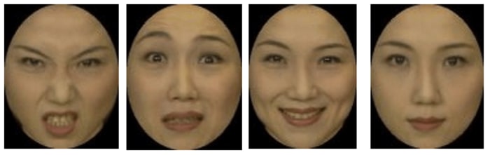左から「怒り」「恐怖」「喜び」「無表情」 (出典:千葉大学)