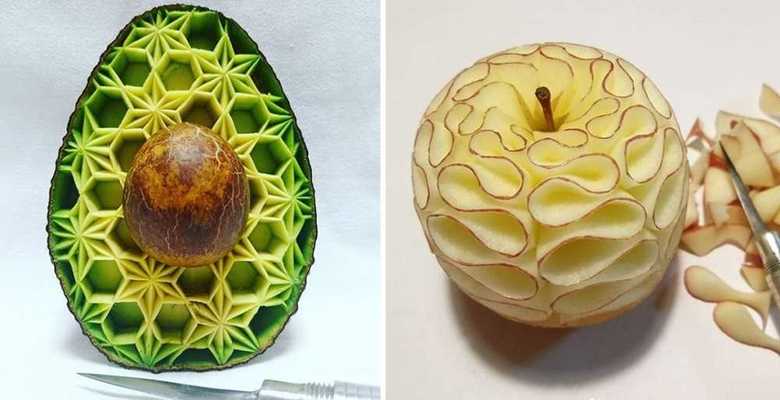 繊細な模様のアボカドと極薄フリルのリンゴ